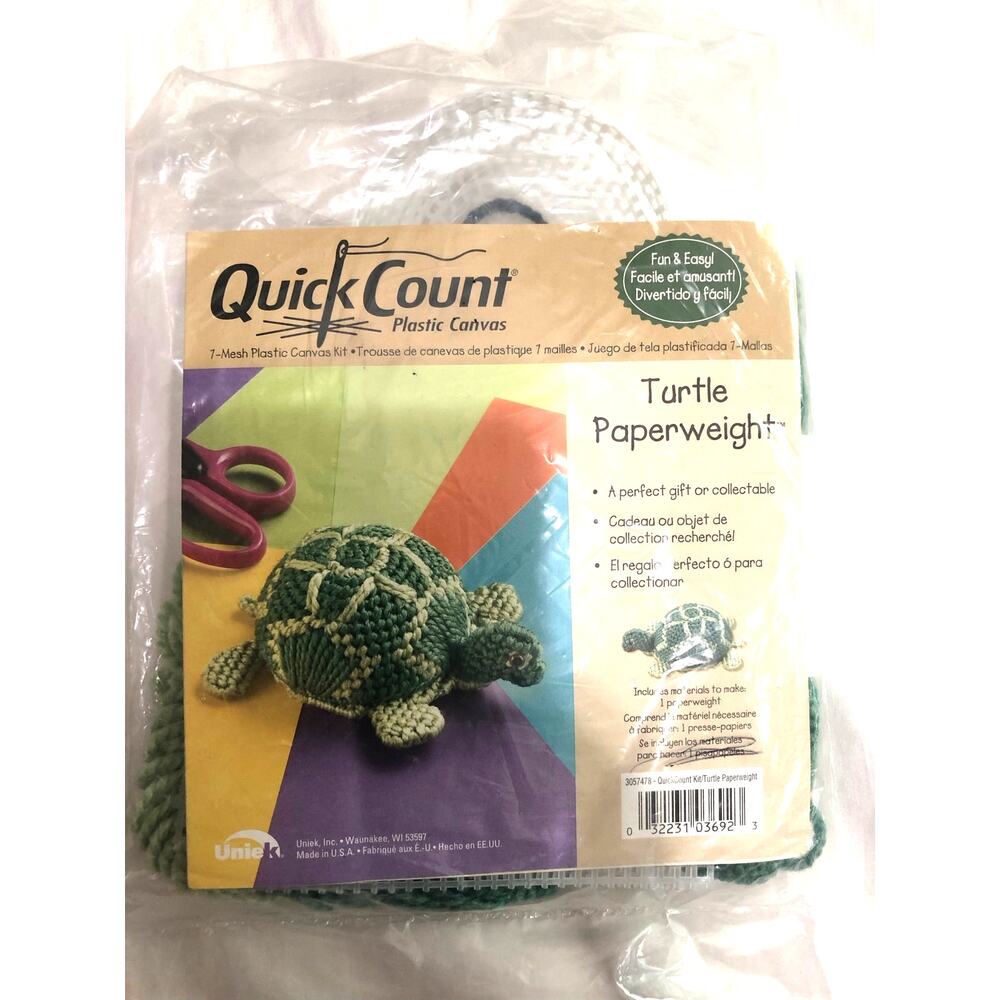 Vintage Uniek Turtle Paperweight Plastic Canvas Craft Kit Green New Sealed